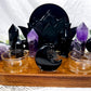 Protection & Insight Acacia Tray | Obsidian & Amethyst Altar with Black Lotus, Mirror & Crystal Moons