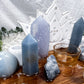 Peace & Spiritual Connection Acacia Altar| Angelite & Blue Chalcedony Altar with White Lotus, Celestite & Quartz Moon