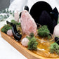 Protection & Love Scrying Mirror Altar | Obsidian Snake & Moon with Rose Quartz Towers, Slab & Triple Tealight