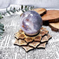 Unicorn Stone Sphere with Wooden Lotus Holder | 2in Crystal Sphere for Emotional Balance and Peace | Lepidolite, Pink Tourmaline, and Smoky Quartz