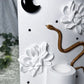 Floral Protection Ceramic Altar | White 5x7 with Gold Snake, Obsidian Moon and Black Rhinestones