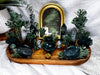 Moss Agate Acacia Altar Tray | Tealight, Chime & Incense Setup | Grounding, Growth & Stability