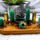 Green Aventurine & Pyrite Crystal Altar | Double Tarot, Double Chime, Detached Offering Bowl & Tealight Altar