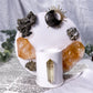 Abundance and Energy Ceramic Altar | White 5in Round with Citrine, Pyrite and Gold Sun