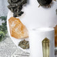 Abundance and Energy Ceramic Altar | White 5in Round with Citrine, Pyrite and Gold Sun