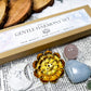 Peace and Love Crystal Set | Rose Quartz Sphere, Blue Calcite Heart, Howlite Moon, and Gold Lotus Incense Holder