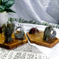 Celestial Messenger | Labradorite Tarot Card Holder with Tealight, Crystal Angel Altar Decor, Wooden Tarot Coaster, Spiritual Protection Gift