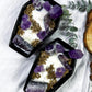 Coffin Candle | Sandalwood Witch Candle with Amethyst Towers, Moon, Cluster, and Mugwort in Ceramic Dish