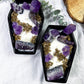 Coffin Candle | Sandalwood Witch Candle with Amethyst Towers, Moon, Cluster, and Mugwort in Ceramic Dish