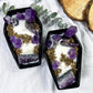 Coffin Candle | Sandalwood Witch Candle with Amethyst Towers, Moon, Cluster, and Mugwort in Ceramic Dish