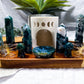 Moss Agate Crystal Altar | Detached Oil Burner, Double Tarot Holder, Double Chime & Incense Holder