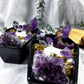 Coffin Candle | Sandalwood Witch Candle with Amethyst Towers, Moon, Cluster, and Mugwort in Ceramic Dish