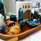 Moss Agate Crystal Altar | Detached Oil Burner, Double Tarot Holder, Double Chime & Incense Holder