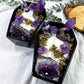 Coffin Candle | Sandalwood Witch Candle with Amethyst Towers, Moon, Cluster, and Mugwort in Ceramic Dish
