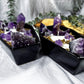Coffin Candle | Sandalwood Witch Candle with Amethyst Towers, Moon, Cluster, and Mugwort in Ceramic Dish