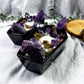 Coffin Candle | Sandalwood Witch Candle with Amethyst Towers, Moon, Cluster, and Mugwort in Ceramic Dish