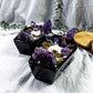 Coffin Candle | Sandalwood Witch Candle with Amethyst Towers, Moon, Cluster, and Mugwort in Ceramic Dish