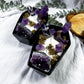 Coffin Candle | Sandalwood Witch Candle with Amethyst Towers, Moon, Cluster, and Mugwort in Ceramic Dish
