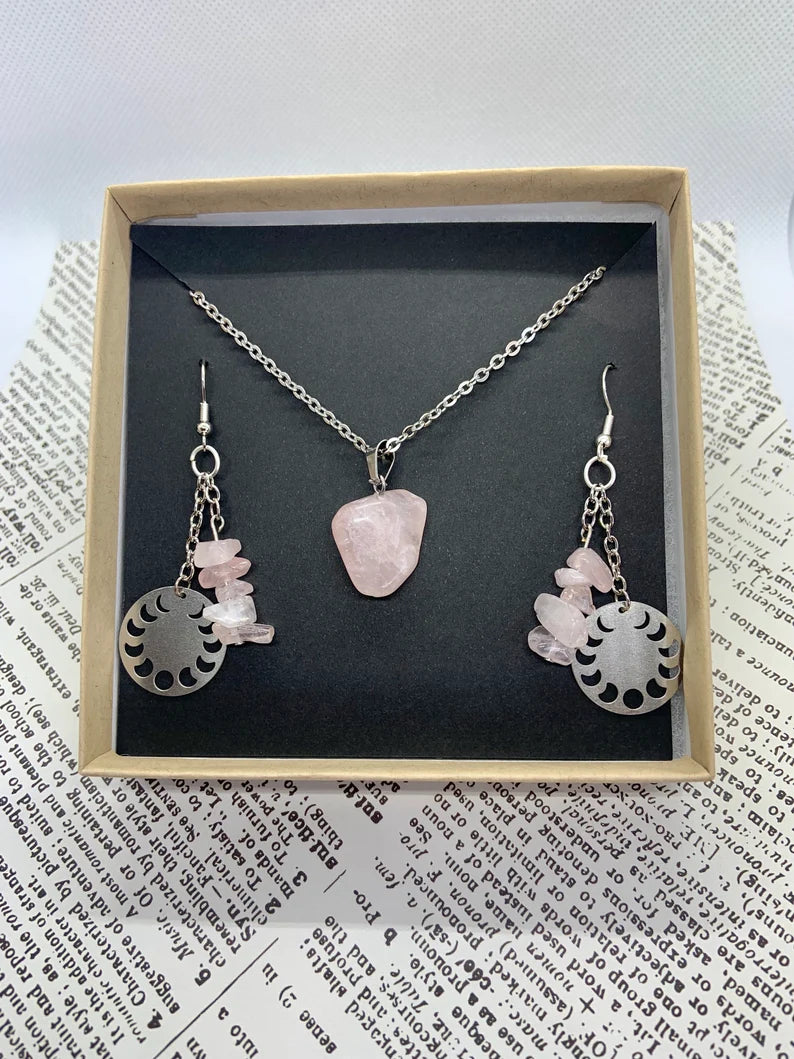 Rose Quartz Moon Phase Earrings And Necklace Gift Set For Love And Healing