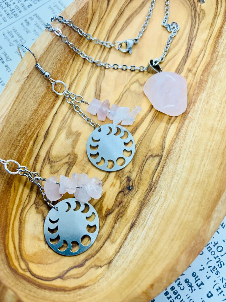 Rose Quartz Moon Phase Earrings And Necklace Gift Set For Love And Healing