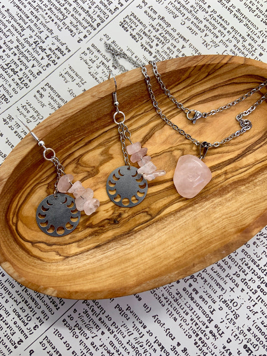 Rose Quartz Moon Phase Earrings And Necklace Gift Set For Love And Healing